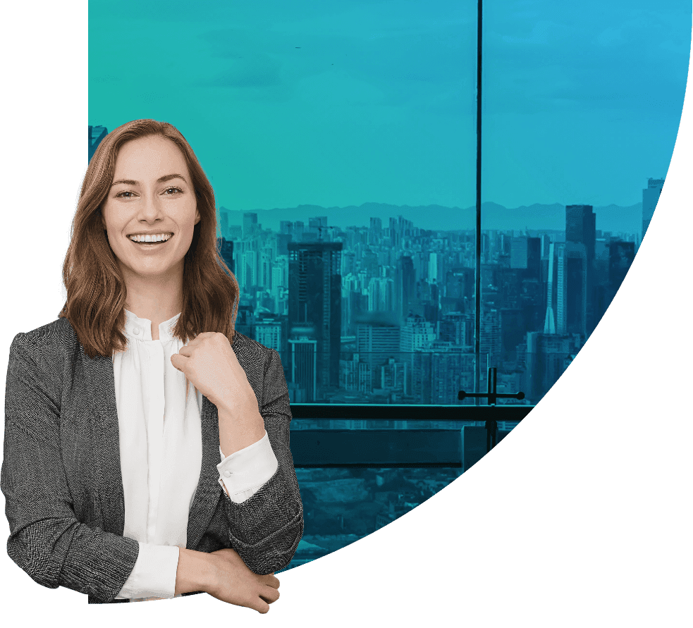 A smiling business owner in front of a teal-tinted city skyline, framed by the LLCity quarter-circle curve